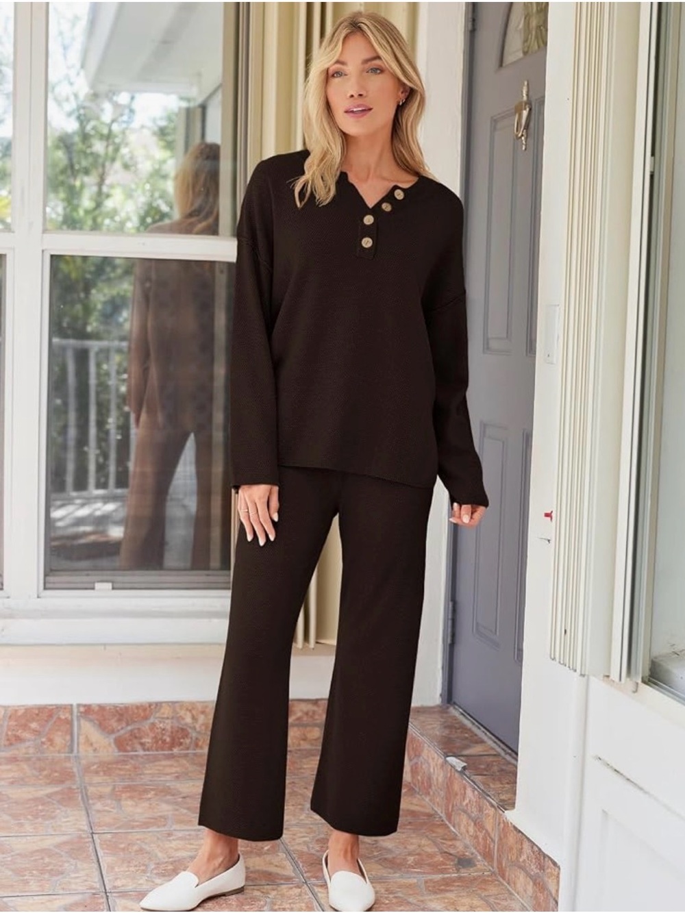 Women’s Dark Brown Lounge Set with Button Henley